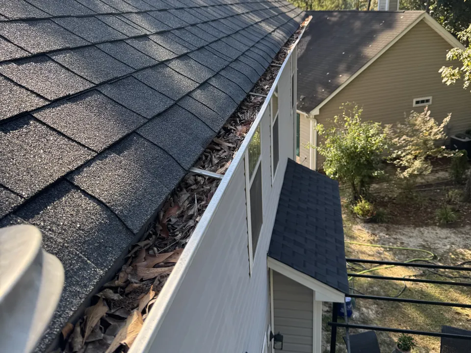 Roof gutter packed with leaves and debris before clean-out