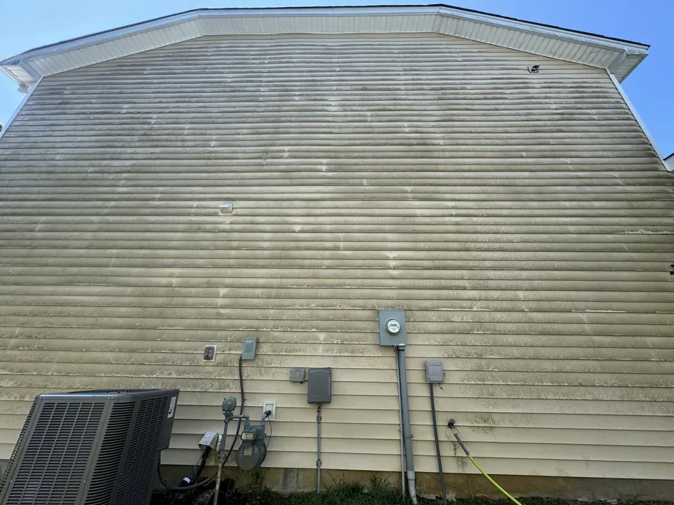Tan vinyl siding with algae streaks and dingy buildup before washing