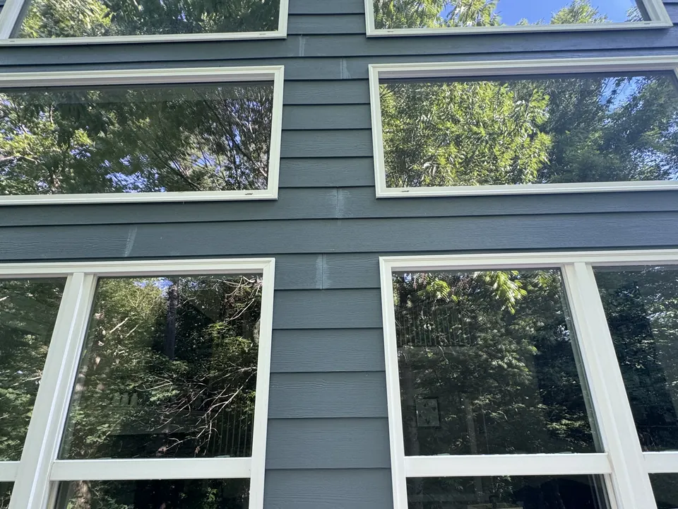 Clean windows on a gray siding home reflecting the trees outside